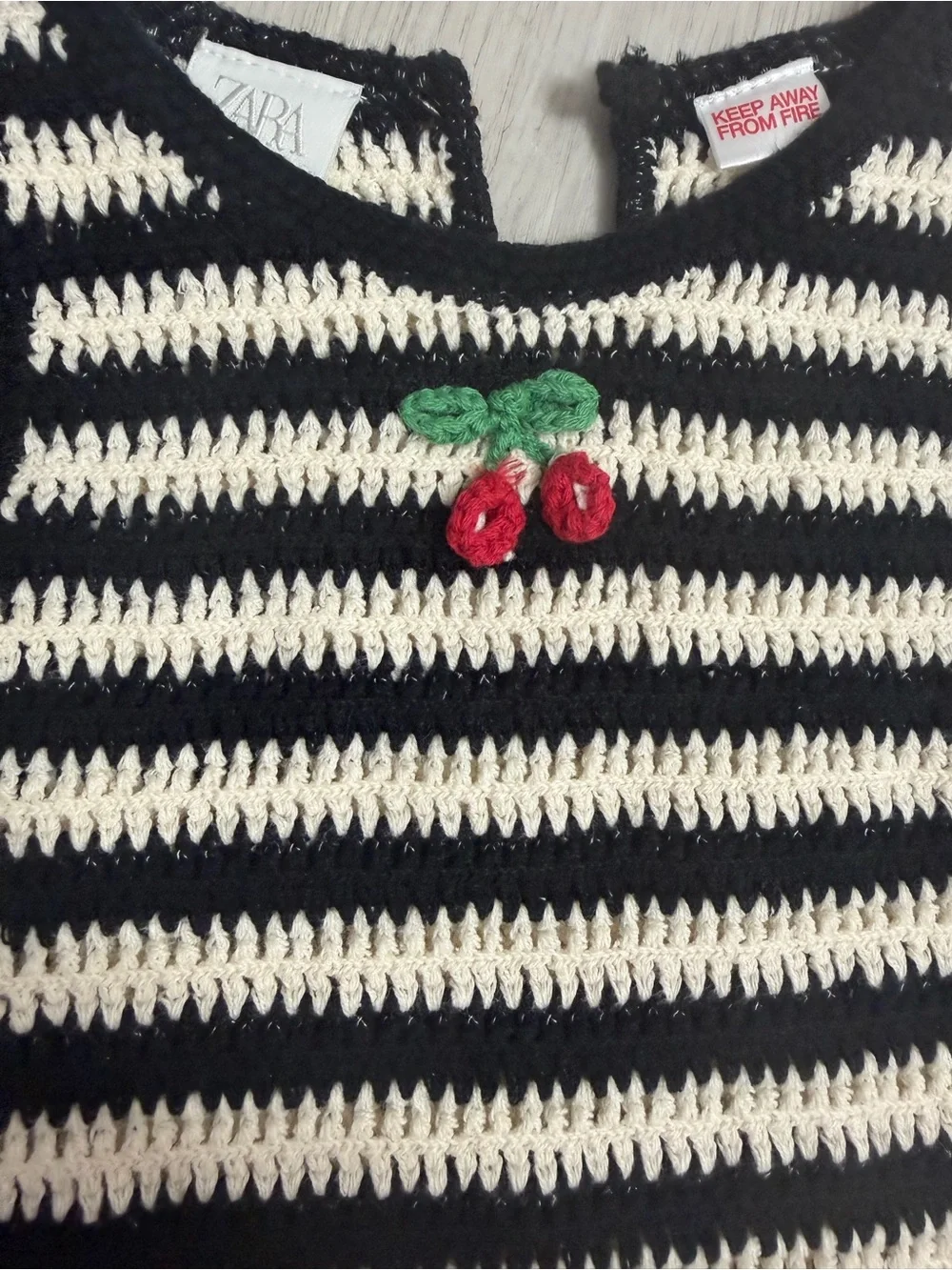 Zara Black and Cream Striped Knit Kids Matching Set with Cherry Detail